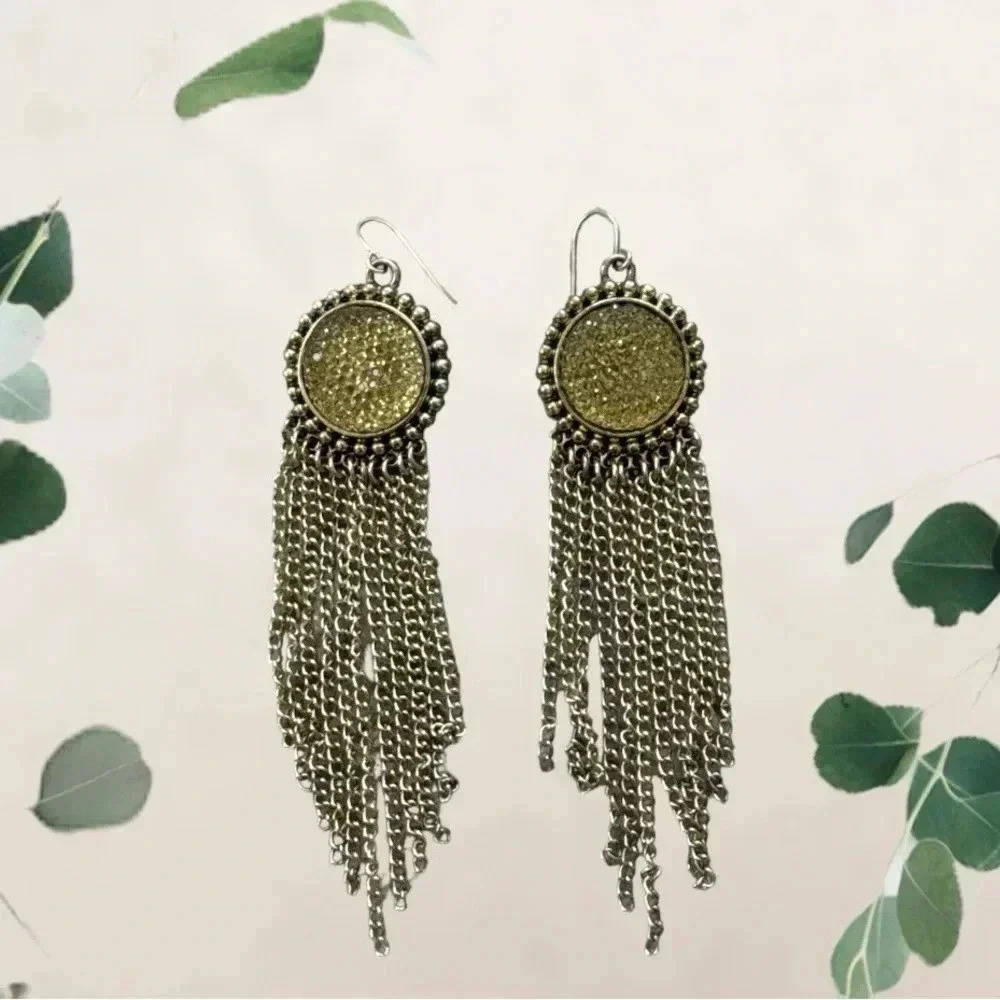 NWT 4” Women's Tasseled Earrings Gold Rhinestones Jewelry - Two-Toned